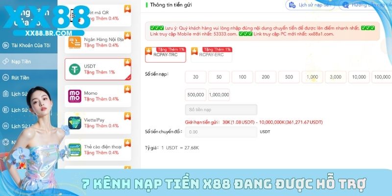 7 kênh nạp tiền X88 hiện đang được hệ thống hỗ trợ